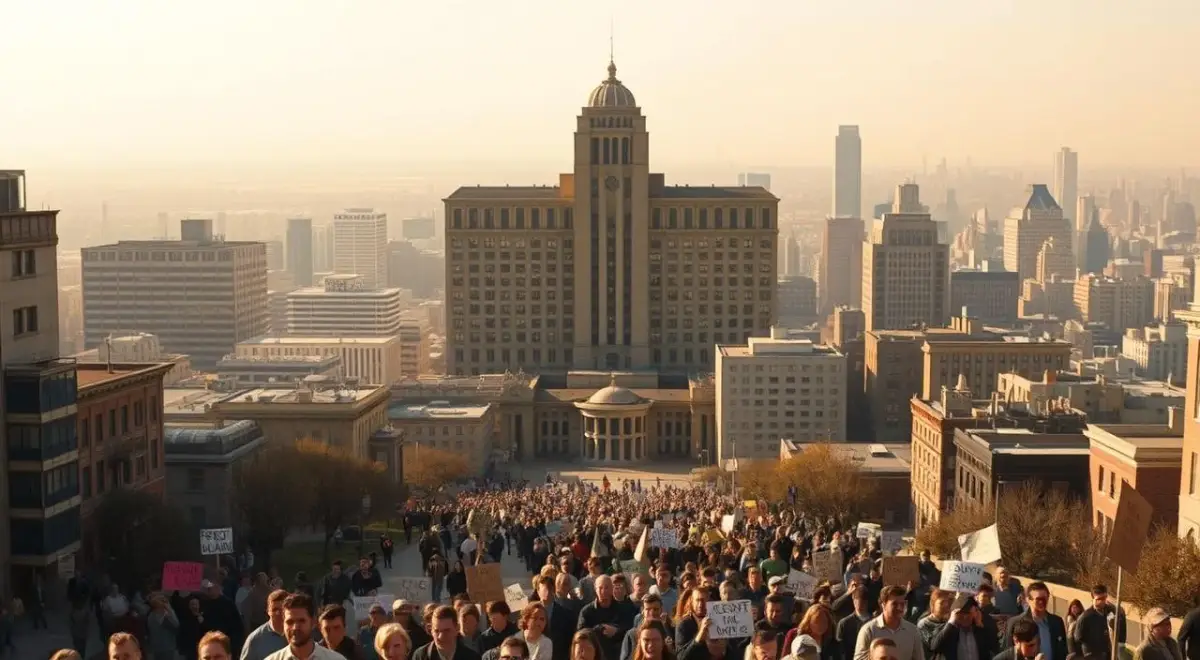 A bustling cityscape in the 1950s, with a towering psychiatric institution standing at the center, its imposing facade...