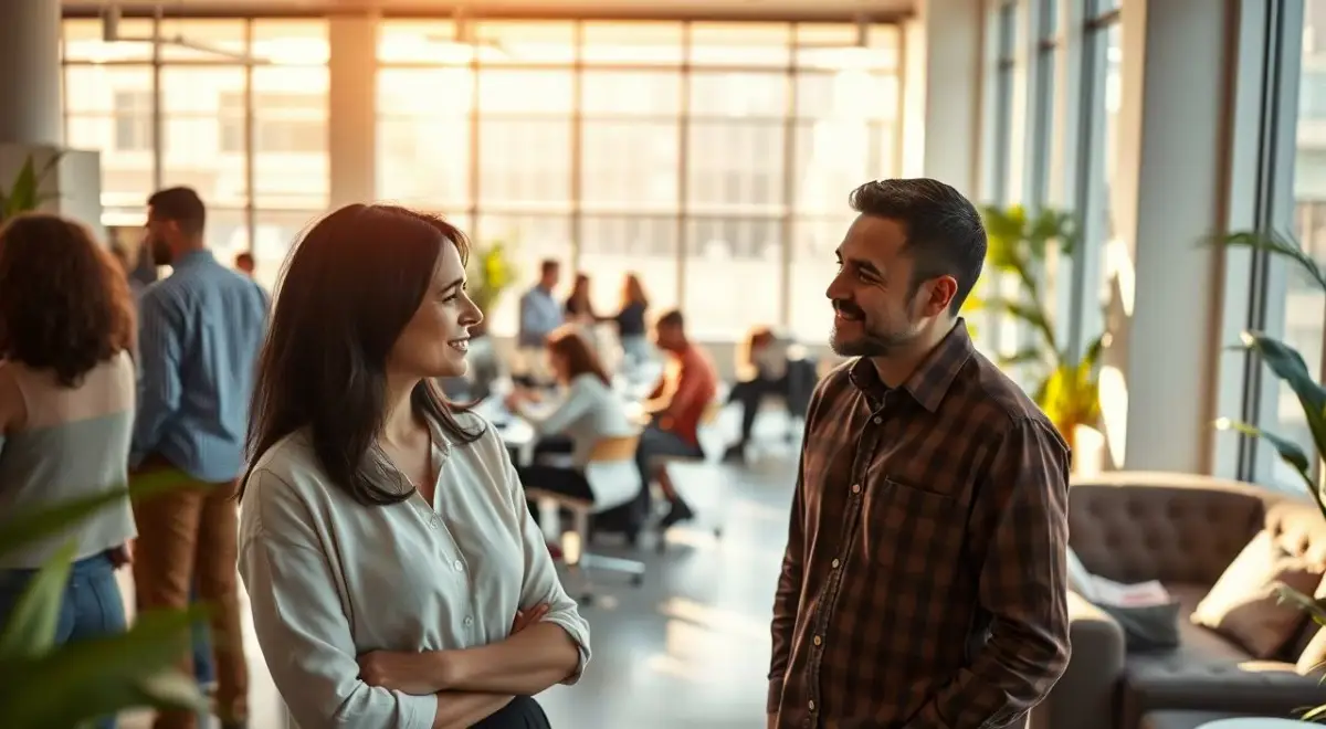 A bustling office interior, bathed in warm, natural light filtering through large windows. In the foreground, two colleagues engaged in a thoughtful discussion, their body language conveying empathy and understanding. The middle ground features a diverse team collaborating at their desks, their expressions calm and focused. In the background, a plush seating area offers a space for quiet reflection. The overall atmosphere is one of mutual respect, open communication, and a shared sense of purpose, exemplifying the power of empathy in the workplace. A bustling office interior, bathed in warm, natural light filtering through large windows.
