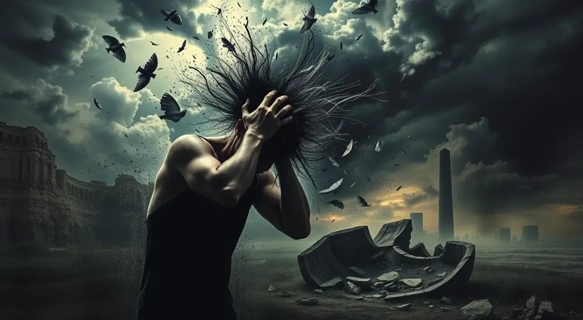 A chaotic whirlwind of emotions, anxiety and stress consumes the mind and body. In the foreground, a figure writes in distress, clutching their head as if to keep it from bursting. Surrounding them, a swirling vortex of darkness, foreboding clouds and shards of light, representing the overwhelming turmoil. The middle ground features a fractured landscape, broken and unstable, symbolizing the destabilizing effects of anxiety. In the background, a hazy, undefined space, conveying the sense of being lost and disconnected from reality. Dramatic chiaroscuro lighting, casting deep shadows and highlighting the intensity of the emotional experience. The overall tone is one of intense, visceral anguish, capturing the essence of anxiety and stress. A chaotic whirlwind of emotions, anxiety and stress consume the mind and body.