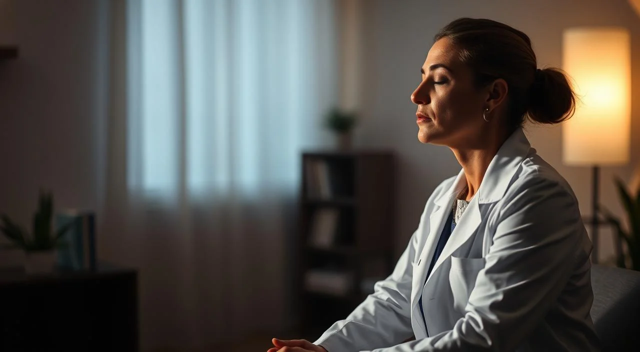 A clinical hypnosis session taking place in a serene, dimly lit room. In the foreground, a doctor in a white coat sits facing a patient, their gauze locked in a state of deep concentration. The patient's eyes are closed, their face relaxed, as they enter a state of heightened suggestibility. Soft, diffused lighting casts a warm, therapeutic glow, creating an atmosphere of trust and tranquility. The background is blurred, focusing the viewer's attention on the central interaction between the clinician and the patient, conveying the intimate, immersive nature of the hypnosis process. A clinical hypnosis session taking place in a serene, dimly lit room.