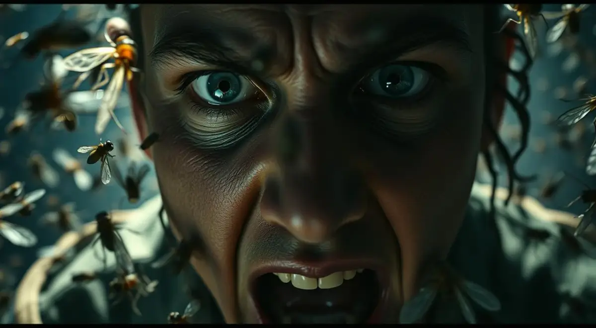 A close-up of a person's face exhibiting visible signs of fear and anxiety, with the eyes wide open, brow...