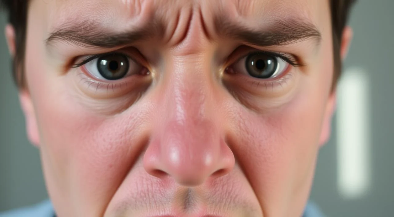 A close-up view of a person's face, showing visible physical signs of anxiety. The forehead is slightly furrowed, the eyebrows are raised, and the eyes are wide open with a concerned expression. The skin appears slightly flushed, and the person's mouth is slightly parted, suggesting rapid, shallow breathing. The lighting is natural, with soft, diffused lighting from the side, creating subtle shadows that accentuate the facial features. The background is blurred, keeping the focus on the face and the emotional state it conveys. A close-up view of a person's face, showing visible physical signs of anxiety.