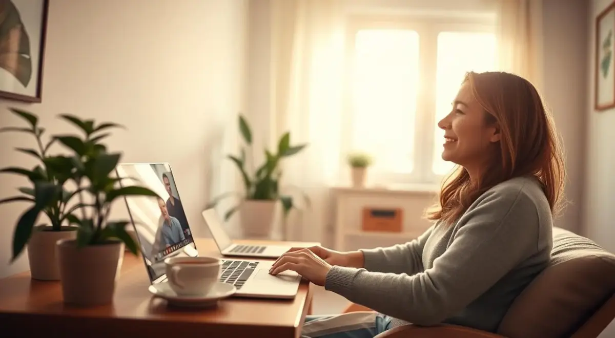 A cozy home office setup with a laptop, a cup of tea, and a calming indoor plant. The room is filled with soft, natural lighting from a large window, creating a warm and inviting atmosphere. In the foreground, a woman is intently focused on her screen, engaged in an online therapy session. Her expression is one of relief and clarity, reflecting the benefits of remote psychological support. The background features soothing pastel tones and minimal decor, allowing the subject to remain the central focus. An overall sense of tranquility and personal growth permeates the scene. A cozy home office setup with a laptop, a cup of tea, and a calming indoor plant.