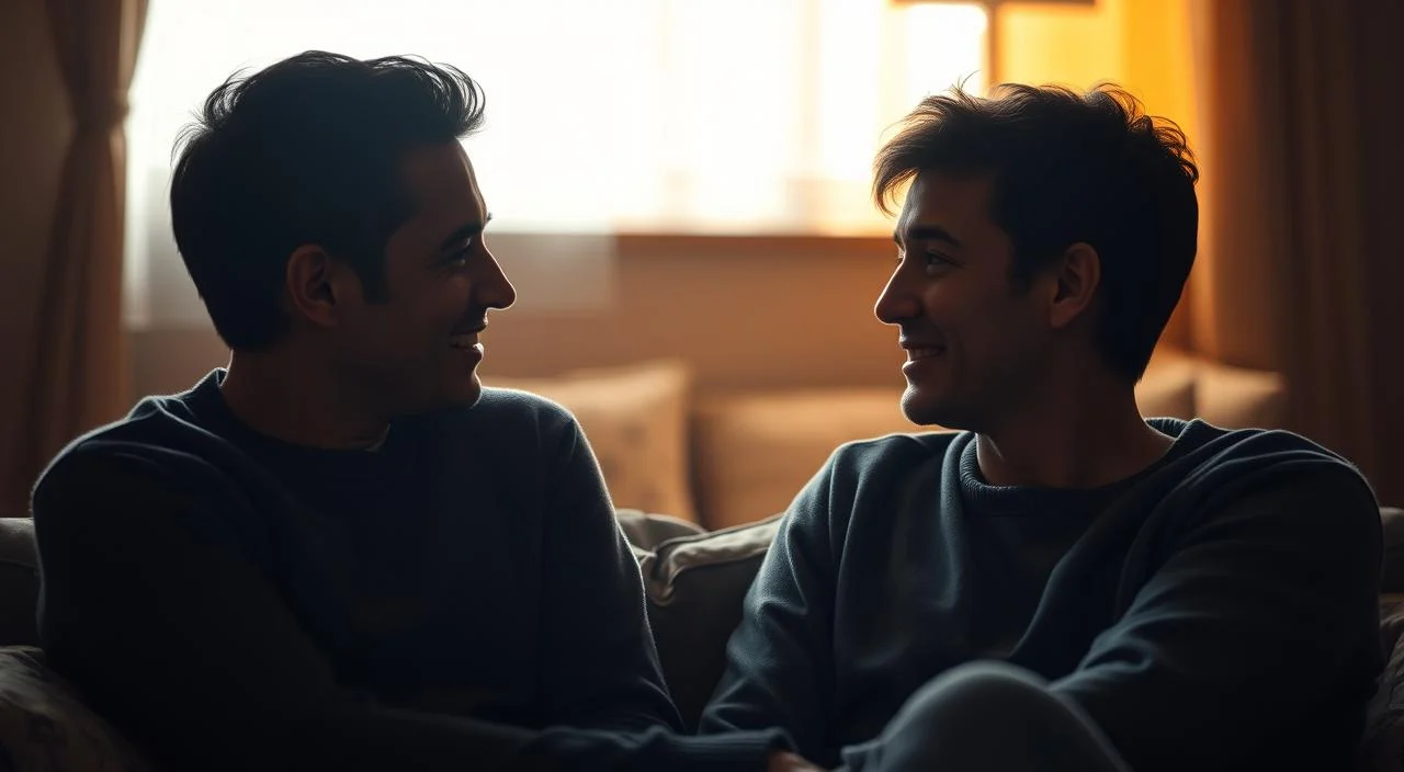 A cozy, intimate scene of two individuals engaged in a heartfelt conversation, their faces illuminated by soft, natural lighting. The foreground features the pair sitting close together, their body language and expressions conveying a sense of openness, trust, and genuine connection. The middle ground blurs into a warm, muted background, hinting at a private, tranquil setting that allows for uninterrupted, authentic dialogue. Shadows and highlights create a sense of depth and intimacy, while the overall atmosphere exudes a calming, reflective mood, inviting the viewer to contemplate the importance of authentic relationships. A cozy, intimate scene of two individuals engaged in a heartfelt conversation, their faces illuminated by soft, natural...