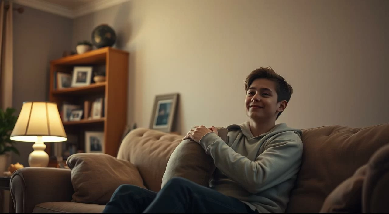 A cozy living room filled with warm, soft lighting from a table lamp. In the foreground, an adolescent figure sits comfortably on a plush sofa, hugging a throw pillow, their expression serene and content. The middle ground features family photos and a well-worn bookshelf, conveying a sense of safety and belonging. The background blurs into a muted, neutral palette, allowing the subject to take center stage. The overall atmosphere is one of tranquility, security, and the comfort of being in a familiar, nurturing environment. A cozy living room filled with warm, soft lighting from a table lamp.