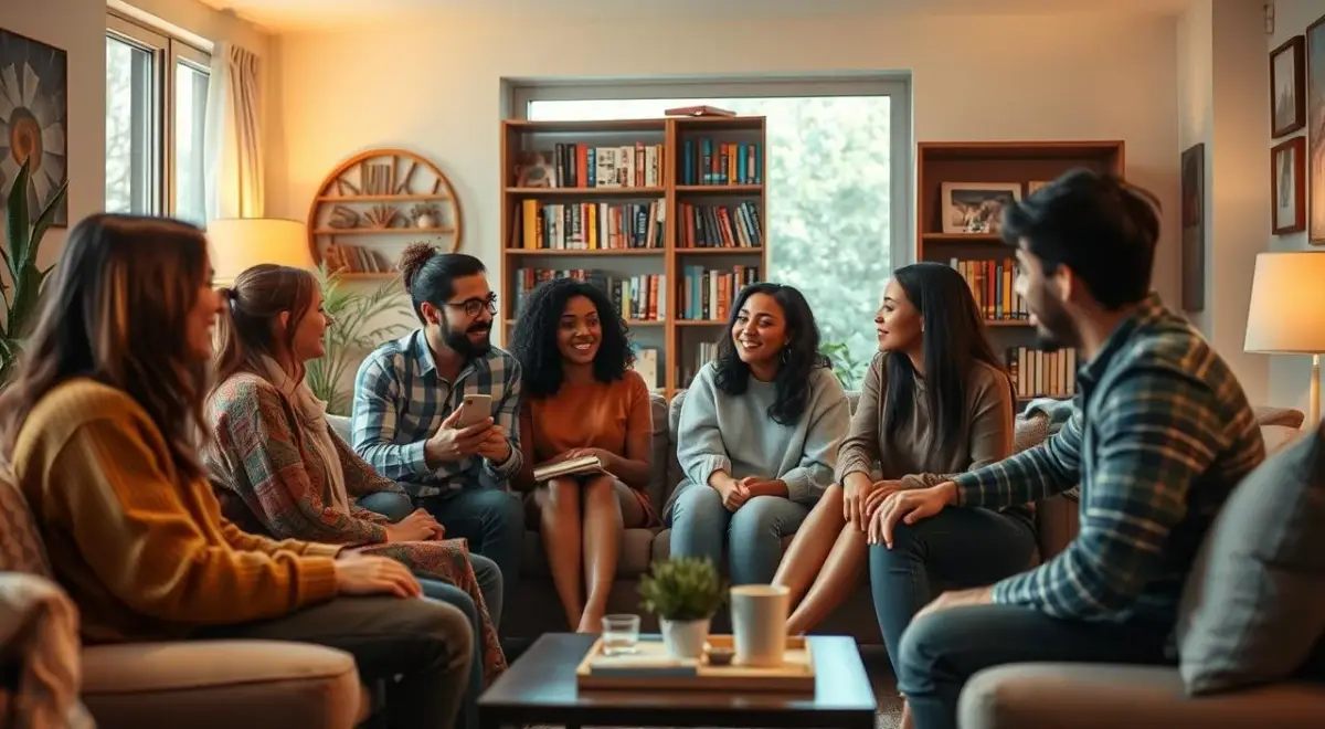 A cozy living room scene, with warm lighting and soft, inviting furnishings. In the foreground, a group of diverse individuals engaged in animated conversation, their body language and facial expressions conveying a sense of comfort and camaraderie. In the middle ground, a bookshelf filled with tomes, suggesting an atmosphere of intellectual curiosity. The background features a large window, allowing natural light to filter in and creating a sense of openness and tranquility. The overall scene exudes a feeling of relaxation and connection, showcasing effective strategies for navigating challenging social situations. A cozy living room scene, with warm lighting and soft, inviting furnishings.