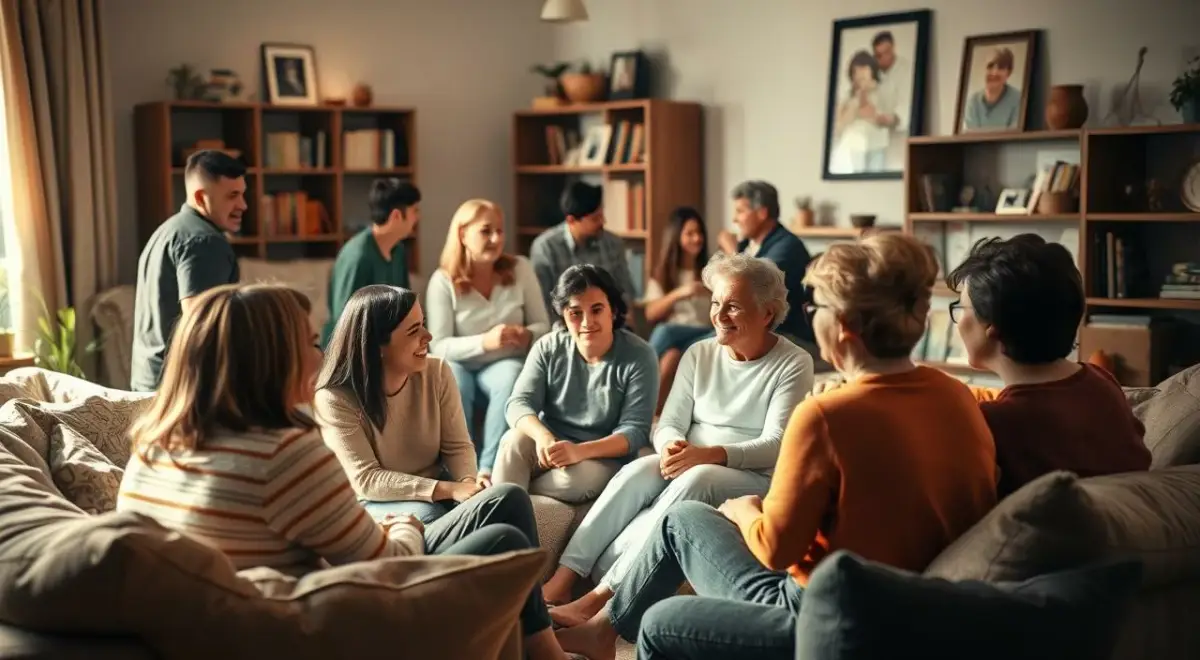 A cozy living room setting with a group of diverse individuals gathered together, engaged in deep conversation. Soft lighting filters through the windows, creating a warm and inviting atmosphere. In the foreground, a small circle of friends sits on comfortable cushions, their expressions conveying empathy and understanding. In the middle ground, a larger group exchanges thoughtful gestures, supporting one another. The background features bookshelves and framed family portraits, suggesting a sense of community and belonging. The overall scene captures the essence of "social support" - the power of shared experiences, mutual care, and the strengthening of interpersonal connections. A cozy living room setting with a group of diverse individuals gathered together, engaged in deep conversation.