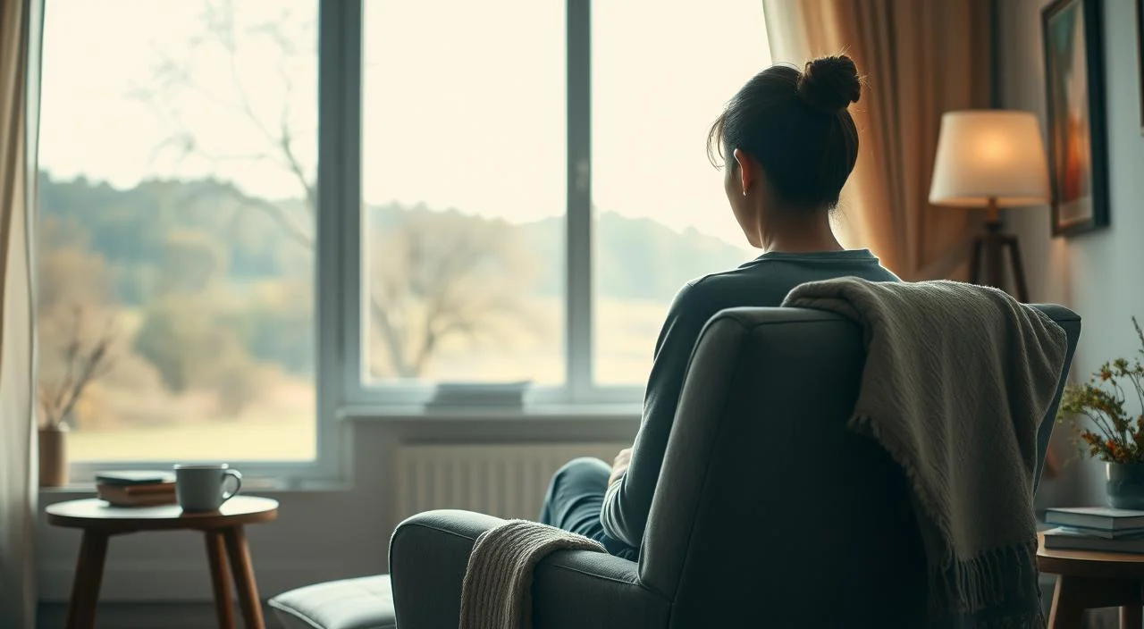 A cozy, well-lit home interior with a comfortable armchair in the foreground. A person sitting in the chair, their face obscured, gazing introspectively out a large window overlooking a peaceful, natural landscape. Soft, muted colors and gentle lighting create a calming, nurturing atmosphere. Subtle details like a mug of tea, a soft throw blanket, and a few carefully chosen books or personal items on a side table convey a sense of self-care and emotional support. The composition and lighting work together to evoke a mood of solace, reflection, and the warmth of a secure, supportive environment. A cozy, well-lit home interior with a comfortable armchair in the foreground.