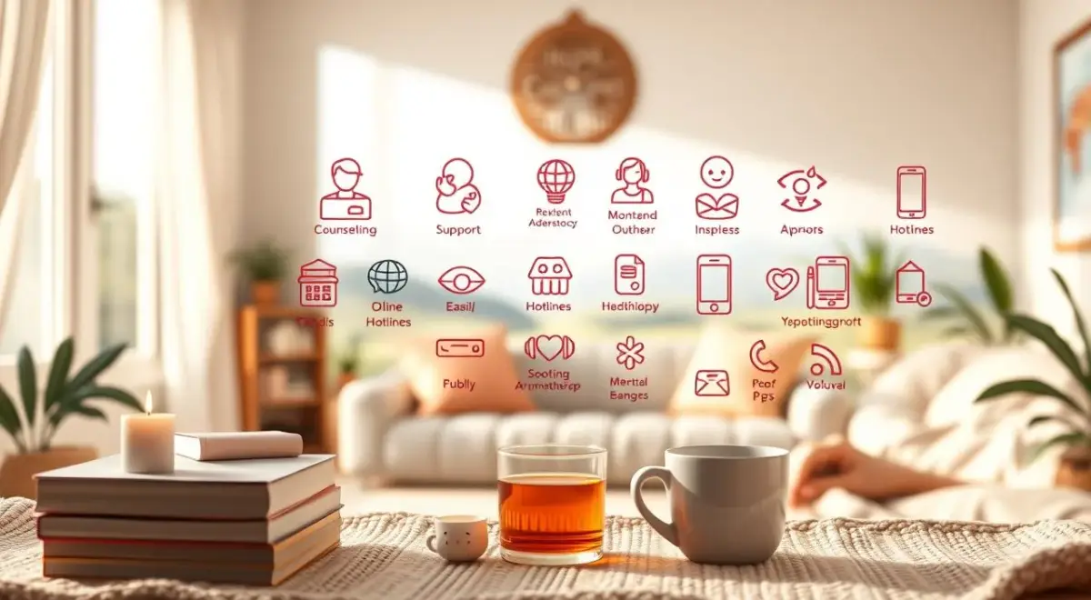 A cozy, well-lit room filled with soothing, pastel-hued illustrations depicting various emotional support resources. In the foreground, a stack of books, relaxing aromatherapy candles, and a cup of herbal tea. The middle ground showcases vibrant, hand-drawn icons representing online counseling, support hotlines, and mental health apps. The background features a calming, blurred landscape with soft, natural lighting, conveying a sense of tranquility and care. The overall scene emanates a warm, comforting atmosphere, inviting the viewer to explore these free, accessible emotional support tools. A cozy, well-lit room filled with soothing, pastel-hued illustrations depicting various emotional support resources.
