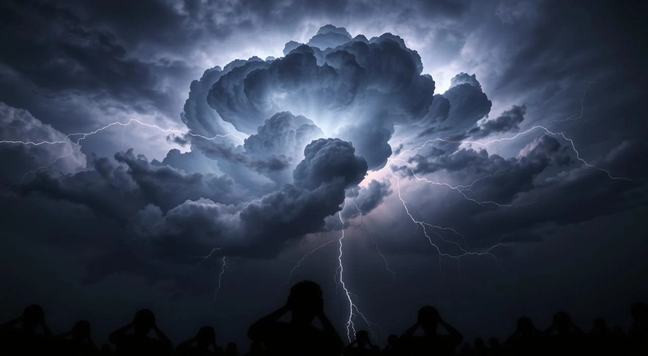 A dark, ominous sky filled with swirling storm clouds, the air charged with electricity. In the center, a looming thundercloud, its jagged edges illuminated by intermittent flashes of lightning. Silhouetted figures cower beneath, hands covering their ears, faces contorted in fear. The scene conveys the overwhelming power and unpredictability of a thunderstorm, evoking the sense of dread and panic associated with astraphobia, the fear of thunder and lightning. A dark, ominous sky filled with swirling storm clouds, the air charged with electricity.