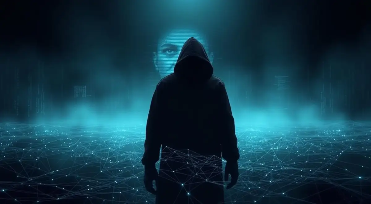 A dark, shadowy figure looms over a digital landscape, casting an ominous presence. In the middle ground, a tangled web of data streams and network cables weave an intricate maze, representing the complexities of the digital realm. In the background, a distorted face, its features obscured by pixels and glitches, symbolizes the disconnection and anonymity that can create insecurity online. Soft, moody lighting and a somber color palette evoke a sense of unease and vulnerability, capturing the essence of the "origins of digital insecurity." A dark, shadowy figure looms over a digital landscape, casting an ominous presence.