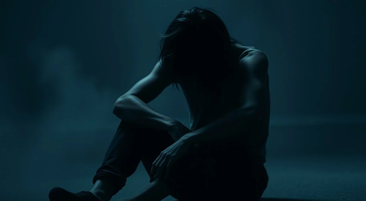A dejected figure sits alone, head bowed, shoulders slumped, their face obscured by shadows. The surroundings are muted, with a sense of isolation and introspection. Muted tones of gray and blue create a somber, introspective atmosphere. Soft, diffused lighting casts a melancholic glow, highlighting the figure's vulnerability and fragile self-esteem. The composition emphasizes the subject's inward focus, conveying the weight of low self-worth and the fear of judgment from others. A dejected figure sits alone, head bowed, shoulders slumped, their face obscured by shadows.