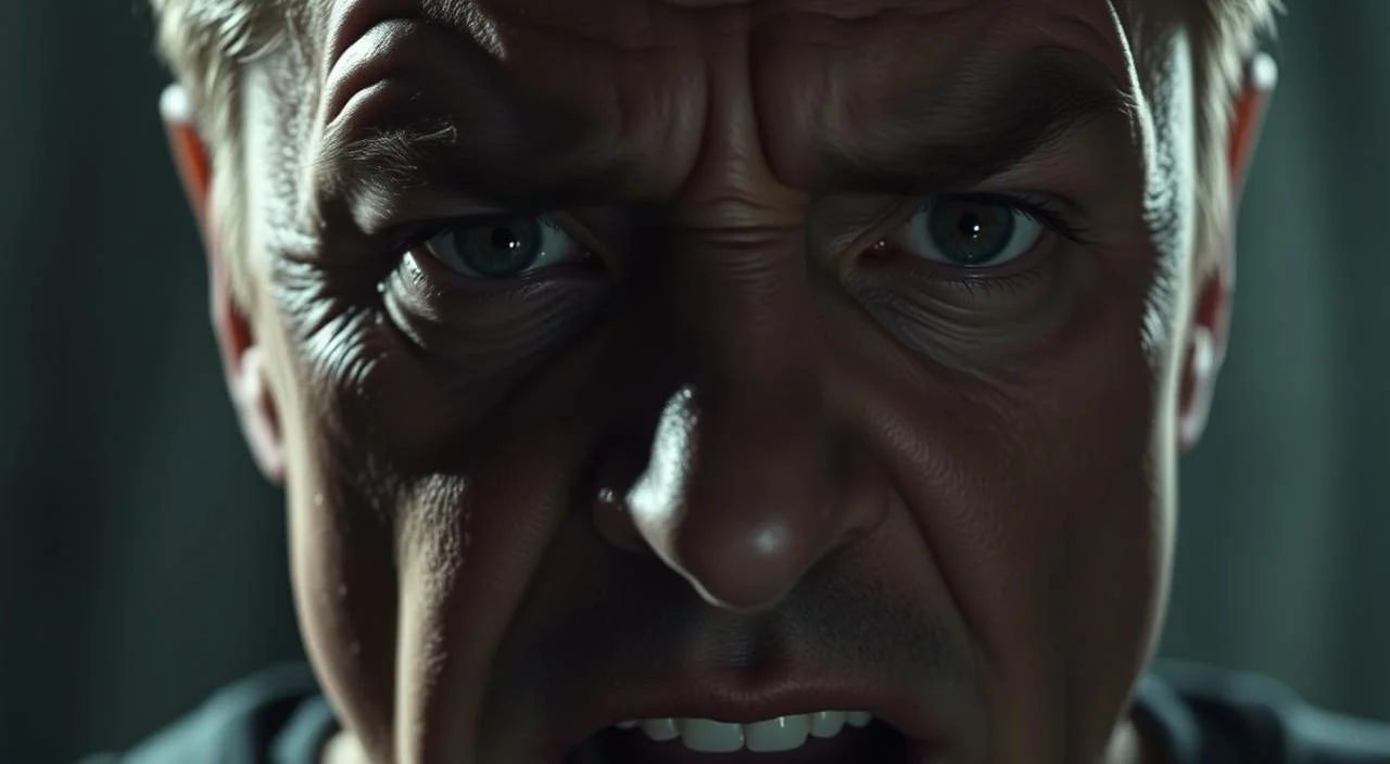 A detailed close-up of a human face expressing the physical symptoms of anxiety. The forehead is wrinkled, the brows are furrowed, the eyes are wide with a worried, fearful gaze. The mouth is slightly open, the lips tense, and beads of sweat are visible on the skin. The lighting is dramatic, casting deep shadows that accentuate the lines and tension in the face. The background is blurred, keeping the focus on the intense facial expression that conveys the overwhelming, visceral experience of anxiety. A detailed close-up of a human face expressing the physical symptoms of anxiety.