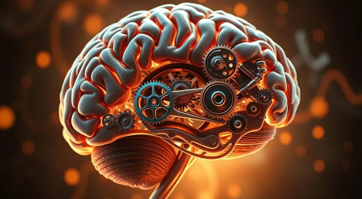 A detailed cross-section of the human brain, revealing its intricate neural networks and protective mechanisms. The foreground showcases the interlocking gears and clockwork-like systems that regulate the brain's self-preservation processes, with precision and complexity. The middle ground highlights the delicate balance of neurochemicals, synaptic connections, and feedback loops that maintain homeostasis. The background subtly depicts the brain's adaptability, with organic shapes and pulsing energy flows that respond to external stimuli. Warm lighting casts a soft glow, evoking a sense of the brain's inner workings as a fascinating, self-regulating marvel. Rendered in a realistic, technical style that captures the cerebral mechanisms underlying self-protective behaviors. A detailed cross-section of the human brain, revealing its intricate neural networks and protective mechanisms.