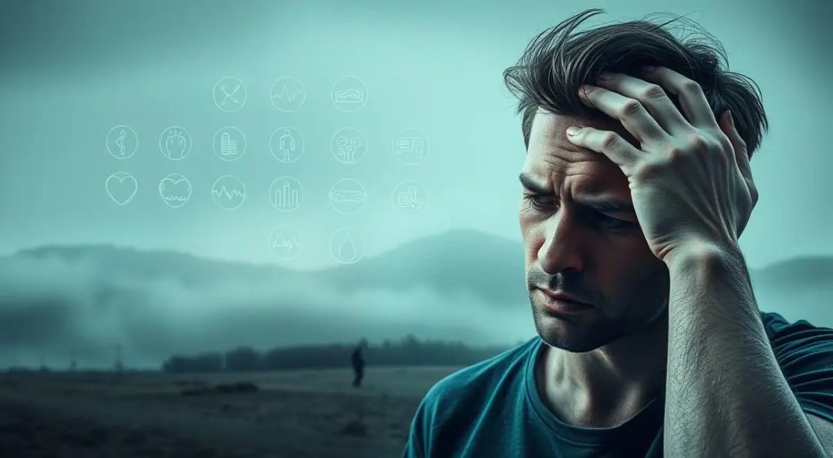 A detailed illustration of the physical and mental symptoms of anxiety, and their detrimental impact on one's quality of life. In the foreground, a person grasping their head in distress, with visible signs of tension and unease. In the middle ground, a cascading series of icons representing common anxiety symptoms such as rapid heartbeat, sweating, and shortness of breath. In the background, a hazy, muted landscape conveying a sense of isolation and diminished vitality. The scene is bathed in cool, muted tones, creating a somber, introspective atmosphere that reflects the debilitating effects of advanced anxiety on daily well-being. A detailed illustration of the physical and mental symptoms of anxiety, and their detrimental impact on one's quality...