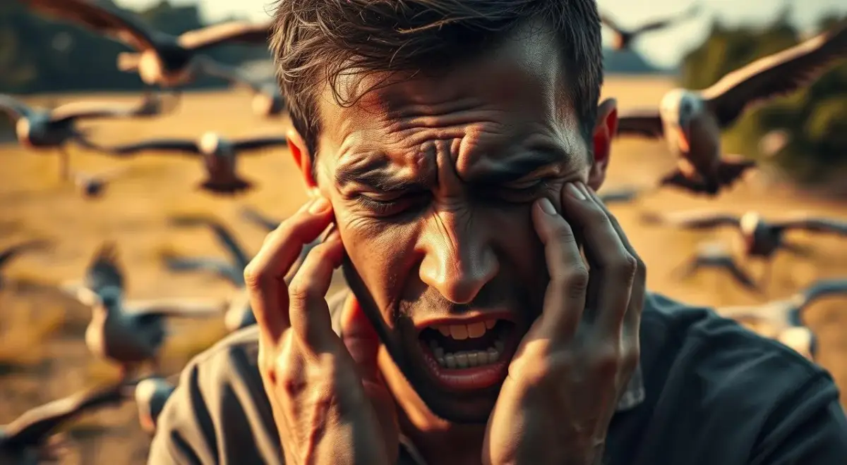 A detailed, photorealistic depiction of the symptoms associated with ornithophobia, or the fear of birds. The foreground features a person experiencing visible distress, with a panicked expression, sweating, and trembling hands. The middle ground shows a flock of birds approaching menacingly, creating a sense of imminent danger. The background is a tranquil outdoor setting, subtly hinting at the irrationality of the fear. Warm, natural lighting illuminates the scene, casting gentle shadows and creating a sense of realism. The composition is balanced, with the focal point on the person's face, highlighting the psychological and physiological manifestations of this phobia. A detailed, photorealistic depiction of the symptoms associated with ornithophobia, or the fear of birds.