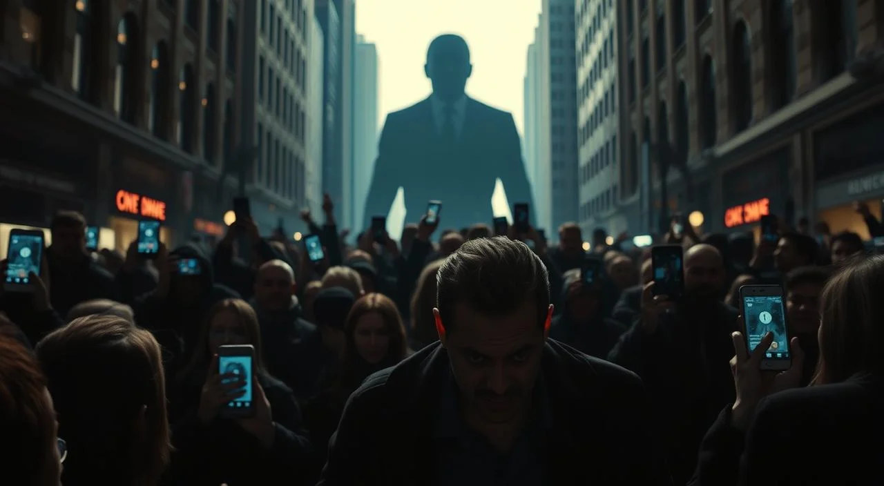 A dimly lit city street, cast in ominous shadows, as a figure in the foreground is being swarmed by a mob, their faces obscured by digital screens and social media icons. The figure's expression conveys a sense of fear and desperation, trapped in a cycle of relentless public scrutiny and judgment. In the background, the outline of a towering, faceless figure looms, representing the overwhelming power and influence of cancel culture. The lighting is harsh, creating a sense of unease and tension, highlighting the gravity and consequences of this societal phenomenon. A dimly lit city street, cast in ominous shadows, as a figure in the foreground is being swarmed by a mob, their faces...