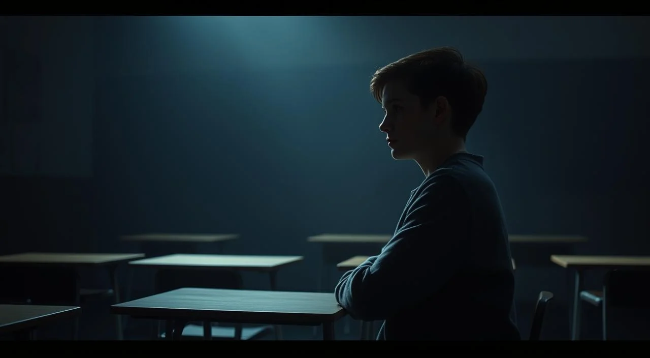 A dimly lit classroom, shadows cast across desks and chairs. A lone student, shoulders hunched, expression anxious, gaze averted. Whispers echo, judging eyes pierce. The air is thick with tension, a palpable sense of unease. Muted colors, muted emotions, a scene of academic trepidation. Soft, diffused lighting accentuates the isolation, the vulnerability. The student's posture reflects the weight of perceived scrutiny, the burden of self-consciousness. A narrative of academic anxiety, a portrait of the fear of judgment within the school walls. A dimly lit classroom, shadows cast across desks and chairs.