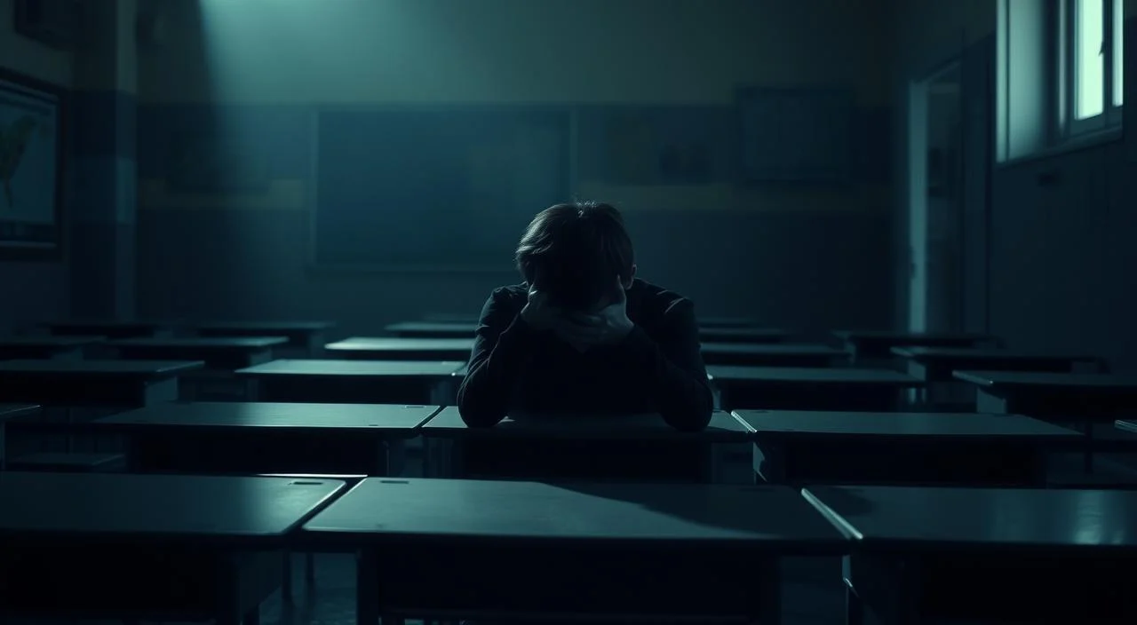 A dimly lit classroom, the desks and chairs cast long shadows. In the foreground, a student sits alone, shoulders hunched, face obscured by hands. The walls are adorned with posters and charts, but they seem distant, out of focus. The atmosphere is one of isolation and emotional turmoil, a palpable sense of psychological impact. Soft, muted lighting casts a somber tone, as if capturing a moment of introspection and the weight of academic pressure. The composition emphasizes the student's solitude, the classroom's emptiness serving as a metaphor for the internal struggles faced within the educational environment. A dimly lit classroom, the desks and chairs cast long shadows.