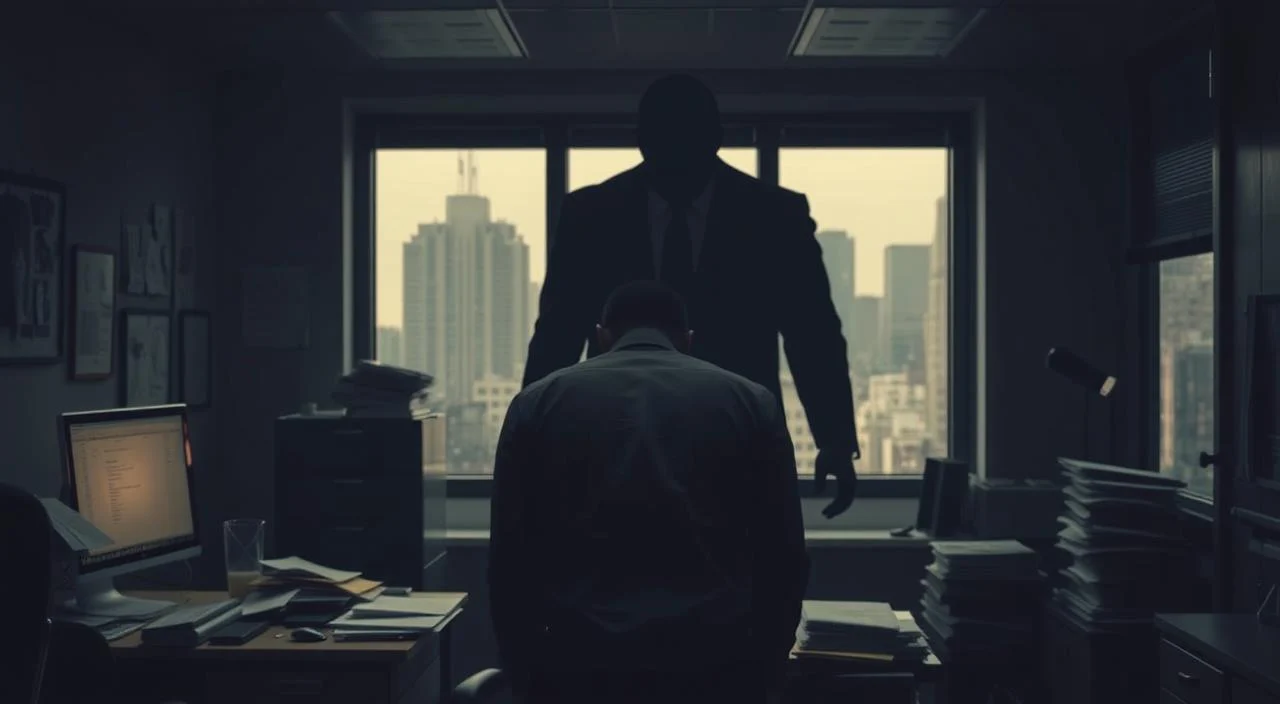 A dimly lit office space, the air thick with tension. In the foreground, a lone figure shrinks back, shoulders hunched, face obscured by shadows - the embodiment of the debilitating fear of rejection. Surrounding them, the traps of a once-thriving career: a cluttered desk, a flickering computer screen, and piles of neglected paperwork. The middle ground reveals the source of this anguish - a looming, faceless figure, casting a menacing shadow, a symbol of the perceived judgment and criticism that paralyzes the subject. In the background, a hazy, desaturated cityscape, the windows of distant skyscrapers serving as a reminder of the professional world the subject has retreated from. Dark tones and a sense of isolation permeate the scene, capturing the profound impact of the fear of rejection on one's career and sense of self-worth. A dimly lit office space, the air thick with tension.