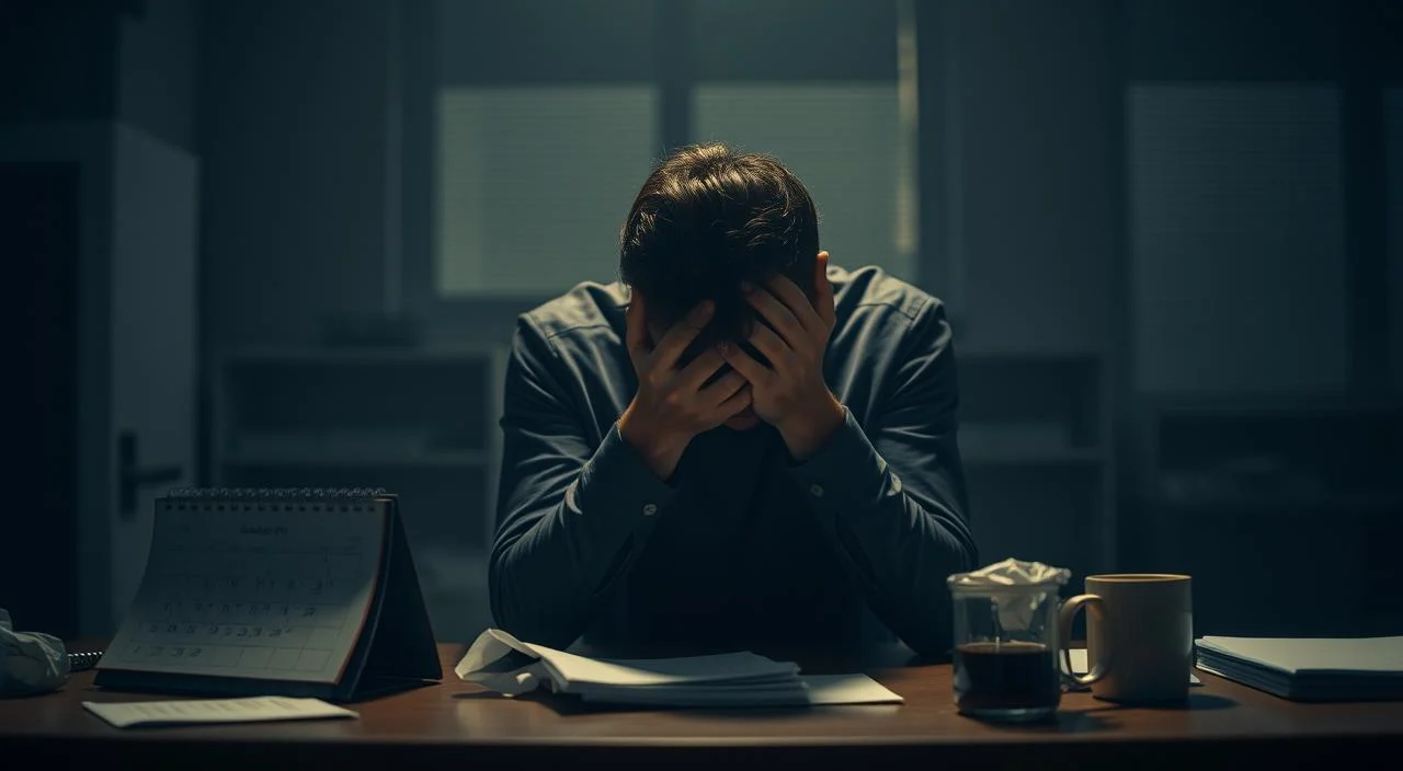 A dimly lit office space, with a figure sitting at a desk, shoulders hunched, head in hands, conveying a sense of overwhelming stress and anxiety. The background is blurred, creating a moody, introspective atmosphere. The figure is illuminated by a soft, warm light, casting long shadows and highlighting the tension in their posture. The scene is complemented by subtle visual metaphors, such as a tattered calendar, a crumpled to-do list, and a half-empty coffee mug, all symbolizing the personal and professional toll of insecurity. The overall composition evokes a powerful narrative of the profound impacts of insecurity on both work and personal life. A dimly lit office space, with a figure sitting at a desk, shoulders hunched, head in hands, conveying a sense of...