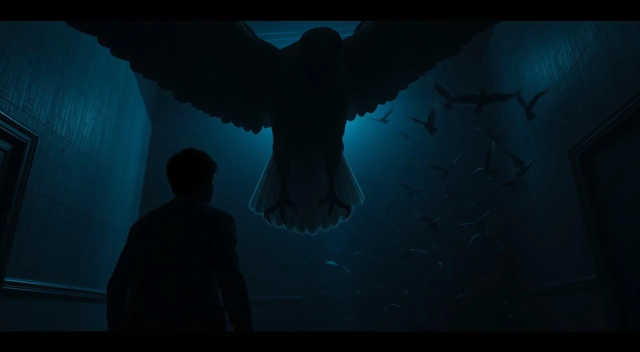 A dimly lit, ominous room with an unsettling atmosphere. In the foreground, a person shrinks away from a large, looming bird, its piercing gauze and menacing talons capturing their fear. The bird's silhouette dominates the scene, casting an imposing shadow that heightens the sense of unease. In the background, a swarm of smaller birds appears, their fluttering wings and shrill cries adding to the sense of panic and dread. The lighting is dramatic, with deep shadows and a moody, bluish hue that enhances the eerie, unsettling mood. The camera angle is low, highlighting the power and dominance of the bird over the fearful human subject. A dimly lit, ominous room with an unsettling atmosphere.