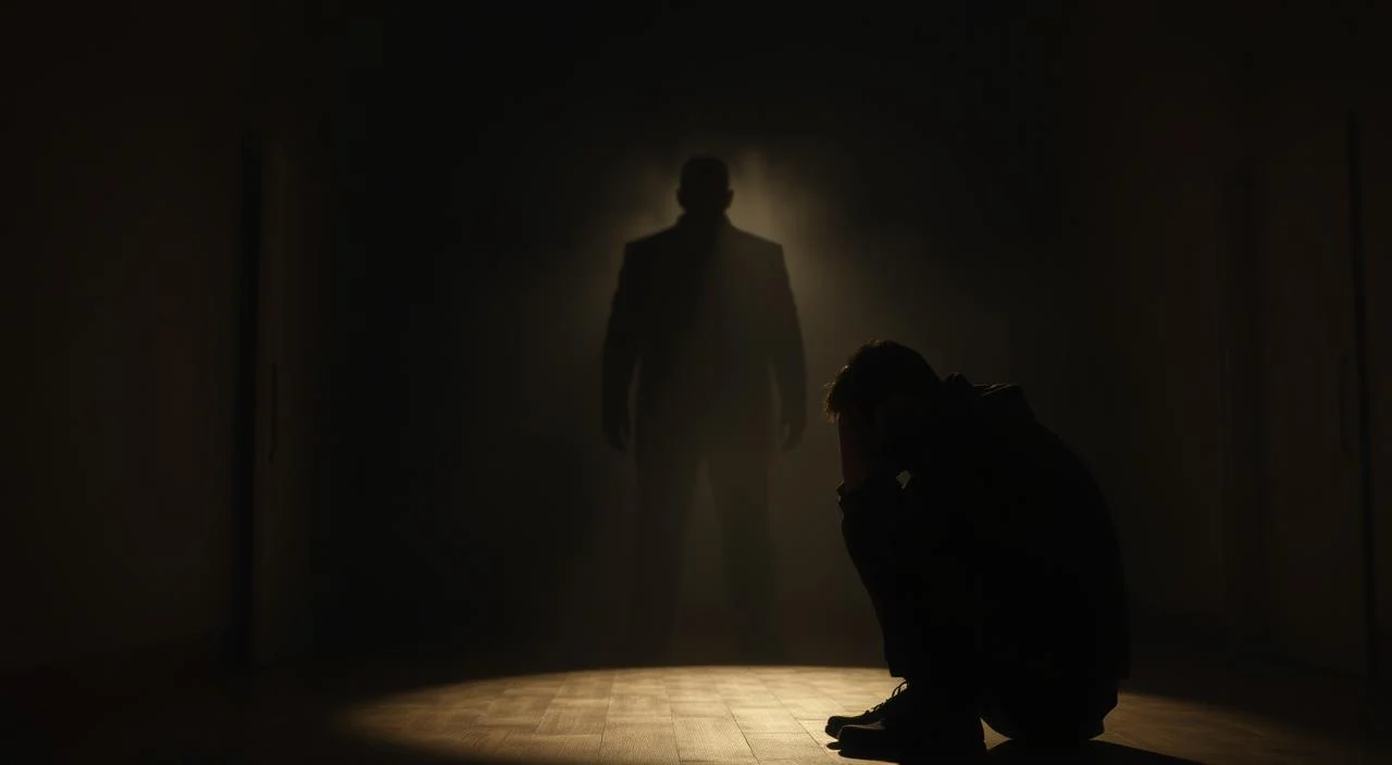 A dimly lit room, casting long shadows and a somber atmosphere. In the foreground, a figure sits hunched, their face obscured by their hands, radiating a sense of anxiety and fear of judgment. The middle ground features a looming, shadowy presence, representing the oppressive weight of judgment. The background is hazy and indistinct, emphasizing the isolation and introspection. Soft, warm lighting from a single source creates a sense of introspection and vulnerability. The scene evokes a profound sense of unease, mirroring the internal turmoil of "fear of judgment and authenticity." A dimly lit room, casting long shadows and a somber atmosphere.