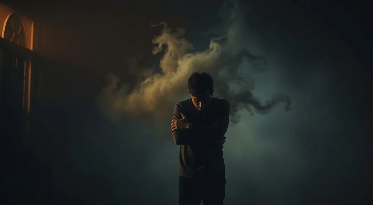 A dimly lit room, shadows looming in the corners. In the foreground, a figure stands alone, shoulders hunched, arms wrapped around themselves. Their expression is one of deep vulnerability, eyes downcast, brow furrowed. In the middle ground, a swirling mist of insecurity and self-doubt, tendrils reaching out to envelop the figure. The background is a hazy, indistinct landscape, a representation of the uncertainty and fear that often accompanies the dread of rejection. Soft, warm lighting illuminates the scene, casting a melancholic glow and evoking a sense of isolation and introspection. The overall atmosphere is one of quiet despair, a visual representation of the internal struggle with the causes of the fear of rejection. A dimly lit room, shadows looming in the corners.