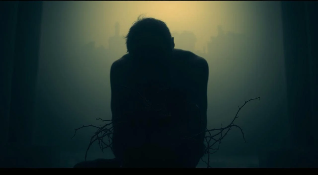 A dimly lit room, the atmosphere heavy with a palpable sense of melancholy. In the foreground, a figure sits hunched, their shoulders slumped in defeat, face obscured by shadows. Surrounding them, a muted color palette of grays and blues, conveying a somber and introspective mood. In the middle ground, subtly hinting at the internal struggle, a tangle of thorns or vines winds its way around the figure, symbolic of the mental anguish and emotional turmoil associated with depression. The background fades into a hazy, out-of-focus landscape, further highlighting the isolation and detachment experienced by the individual. A soft, warm light casts a somber glow, creating a sense of vulnerability and introspection. The overall composition evokes a sense of melancholy, loneliness, and the weight of depression that the viewer can empathize with. A dimly lit room, the atmosphere heavy with a palpable sense of melancholy.