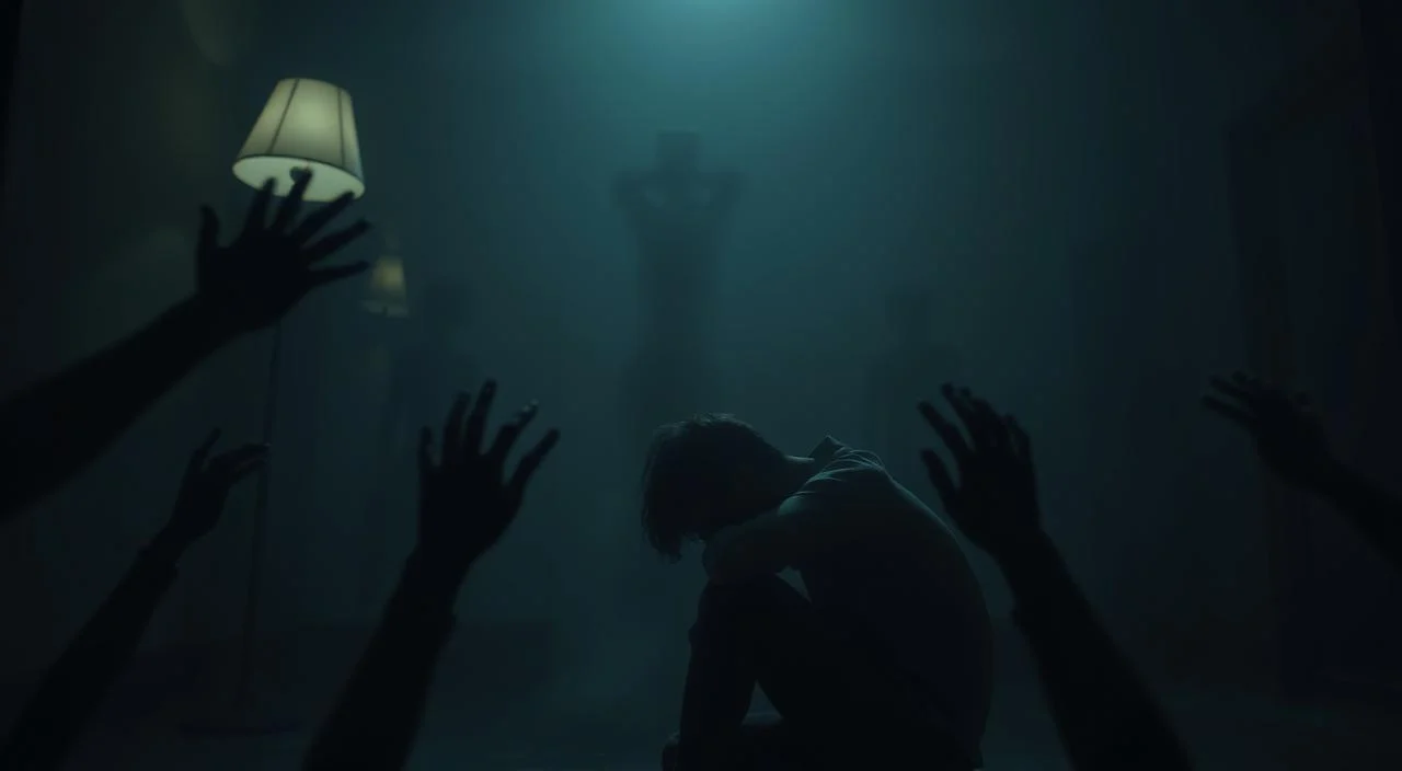 A dimly lit room, the shadows cast by a lone lamp creating an atmosphere of introspection. In the foreground, a person sits hunched over, their face obscured, lost in their own thoughts. Surrounding them, disembodied hands reach out, grasping, as if to judge or condemn. The middle ground is hazy, a blurred representation of the perceived judgment of others. In the background, a wall of mirrors reflects the scene, each reflection a different distorted version of the central figure, a visual representation of the origins of their fear. The lighting is moody, creating a sense of unease and vulnerability. The angle is slightly low, highlighting the weight of the subject's internal struggle. A dimly lit room, the shadows cast by a lone lamp creating an atmosphere of introspection.