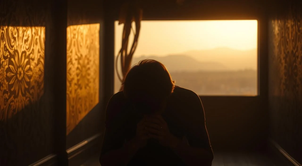A dimly lit room, the walls adorned with intricate patterns that cast shadows, creating an unsettling atmosphere. In the foreground, a person sits hunched, their features obscured, hands clasped tightly as if grasping at their own thoughts. The lighting casts a warm, golden glow, accentuating the sense of unease and vulnerability. In the background, a blurred, hazy landscape, suggesting the overwhelming nature of social anxiety and the feeling of being isolated and disconnected from the world around them. The overall scene conveys the internal struggle and the pervasive sense of self-consciousness that often accompanies social anxiety. A dimly lit room, the walls adorned with intricate patterns that cast shadows, creating an unsettling atmosphere.