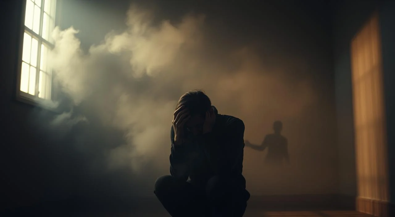 A dimly lit room, the walls adorned with shadows, symbolizing the heaviness of emotional insecurity. In the foreground, a figure sits hunched, their face obscured, conveying a sense of vulnerability and self-doubt. Wisps of mist swirl around, creating an atmosphere of unease and uncertainty. The middle ground is hazy, with faint outlines of shapes that could be reminders of past judgments or fears. The background is shrouded in a somber, muted palette, suggesting the overwhelming nature of the emotional landscape. Soft, warm lighting from an unseen source casts a gentle glow, offering a glimmer of hope amidst the darkness. This image aims to capture the essence of mental health struggles and emotional insecurity, serving as a powerful visual representation of the introduction to the article's subject. A dimly lit room, the walls adorned with shadows, symbolizing the heaviness of emotional insecurity.