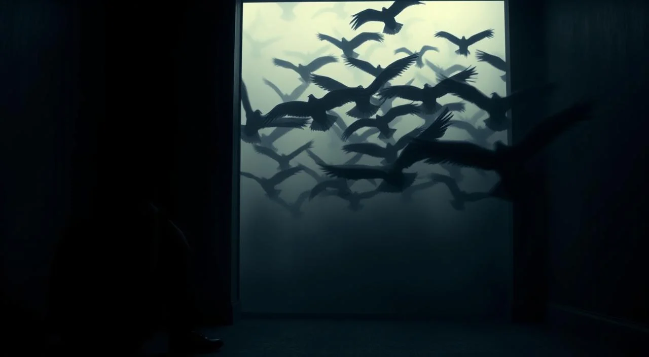 A dimly lit room, with a sense of unease and tension. In the foreground, a person sits huddled in a corner, hands covering their face, as if trying to shield themselves from an unseen threat. In the middle ground, a flock of ominous-looking birds, their wings outstretched, casting unsettling shadows on the walls. The background is hazy, with a sense of foreboding, as if the birds could swoop in at any moment. The lighting is low and moody, creating a sense of dread and anxiety. The overall atmosphere is one of deep-seated fear and unease, capturing the essence of "bird-related anxiety". A dimly lit room, with a sense of unease and tension.