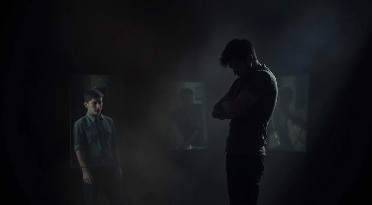 A dimly lit scene depicting self-sabotaging behaviors. In the foreground, a person stands with their arms crossed, shoulders hunched, eyes downcast, conveying a sense of self-doubt and insecurity. In the middle ground, shattered mirrors reflect fragmented images, symbolizing the distorted self-perception. The background is hazy, with shadows creeping in, creating an atmosphere of unease and psychological entrapment. Dramatic chiaroscuro lighting casts harsh shadows, emphasizing the inner conflict. The overall mood is one of introspection, vulnerability, and the struggle to overcome self-imposed limitations. A dimly lit scene depicting self-sabotaging behaviors.