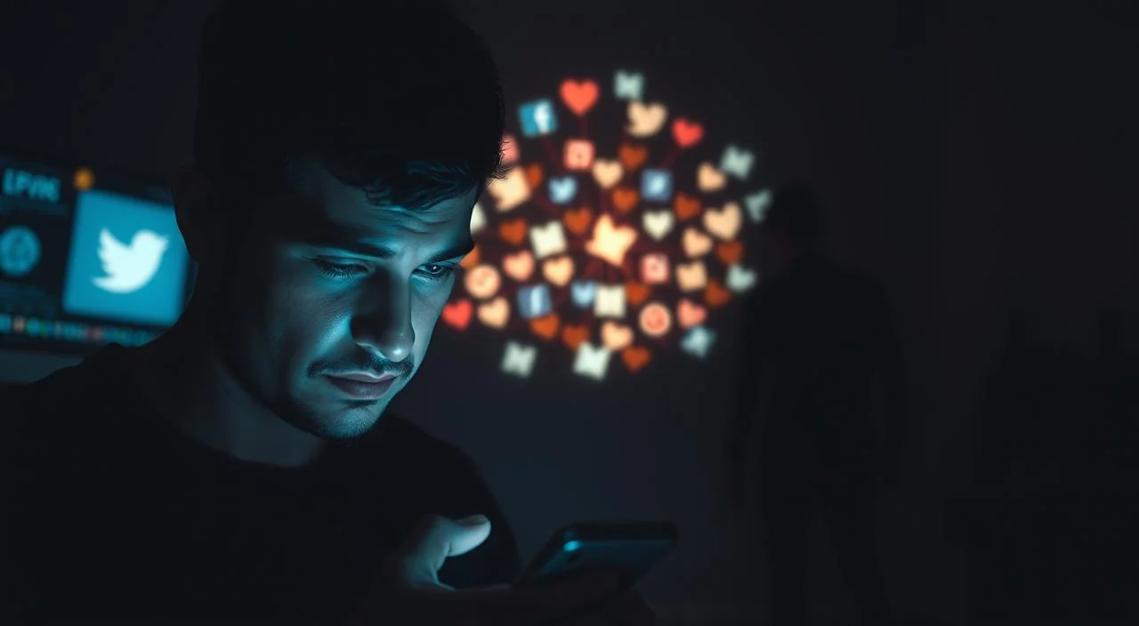 A dimly lit scene depicting the interplay between social media and mental well-being. In the foreground, a person gazes intently at a smartphone, their expression a mix of anxiety and detachment. The middle ground features a swirl of social media icons and notifications, casting an eerie glow. In the background, a shadowy figure representing self-doubt and insecurity lurks, its presence felt but not fully seen. The lighting is moody, with soft shadows and muted colors, conveying a sense of unease and introspection. The composition emphasizes the sense of being trapped in a negative cycle, where social media and inner turmoil feed off each other. A dimly lit scene depicting the interplay between social media and mental well-being.