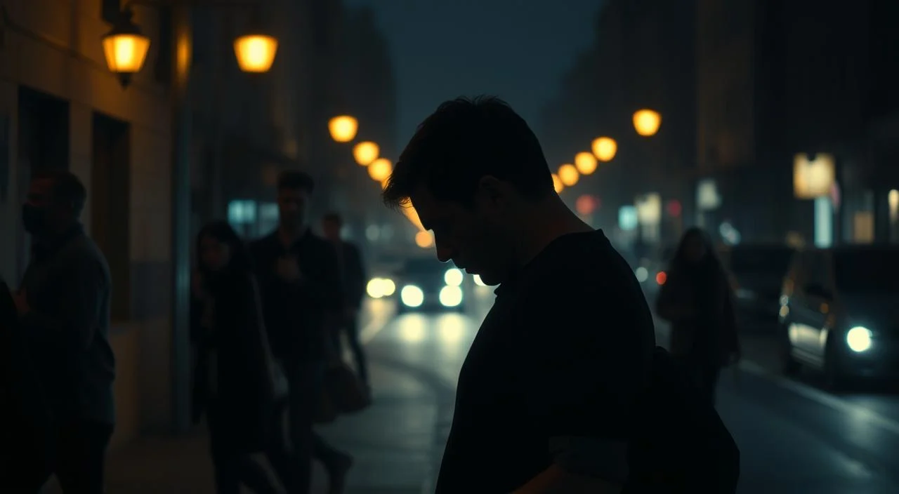 A dimly lit urban setting, streetlights casting a warm, amber glow amidst the shadows. In the foreground, a solitary figure, head bowed, shoulders hunched, consumed by a sense of self-consciousness and apprehension. The middle ground reveals passersby, their faces obscured, suggesting the omnipresent gaze of judgment. The background fades into a hazy, indistinct cityscape, representing the pervasive nature of this fear in the individual's daily life. Soft, diffused lighting and a muted color palette convey a somber, introspective mood, while the composition and body language of the central figure evoke a palpable sense of unease and vulnerability. A dimly lit urban setting, streetlights casting a warm, amber glow amidst the shadows.
