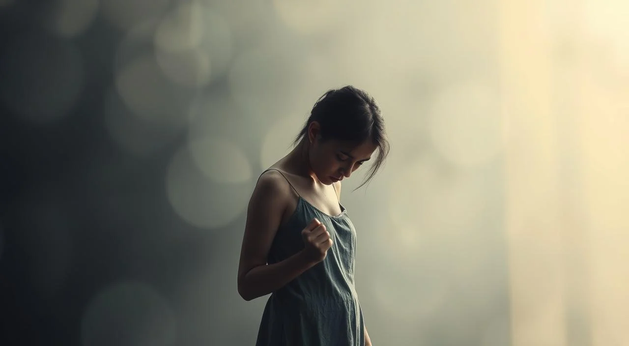 A fragile figure, shoulders slumped, head bowed, stands alone against a backdrop of blurred shapes and muted colors, conveying a sense of isolation and self-doubt. Soft, diffused lighting casts a melancholic glow, accentuating the somber mood. The subject's gaze is averted, eyes downcast, reflecting the heavy burden of low self-esteem. Subtle details, such as furrowed brows and a clenched fist, hint at the internal struggle and the impact of harsh judgment on one's mental well-being. This image aims to capture the poignant essence of how familial criticism can profoundly shape and diminish an individual's self-perception and overall psychological health. A fragile figure, shoulders slumped, head bowed, stands alone against a backdrop of blurred shapes and muted colors,...