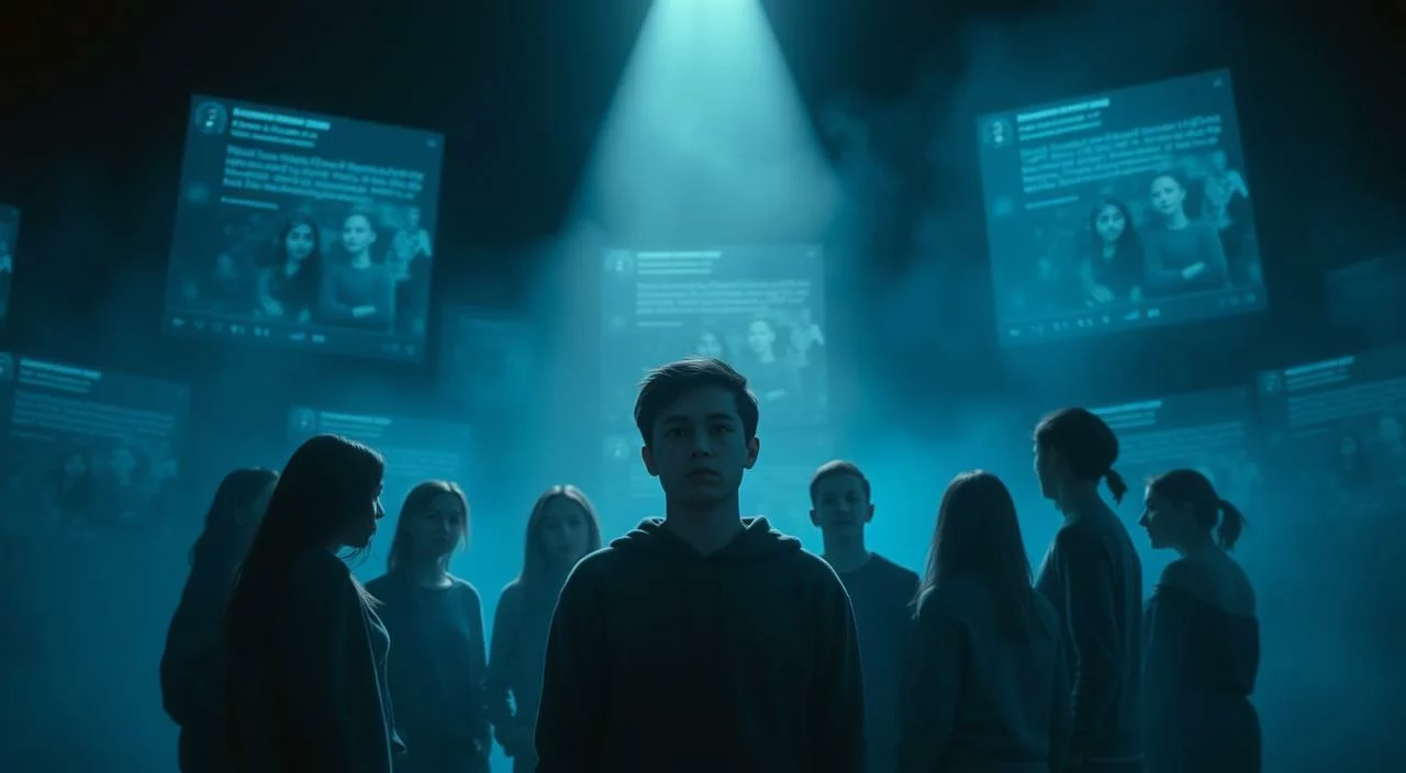 A group of anxious teenagers standing in a circular formation, their faces obscured by shadows, surrounded by a hazy, blue-tinted landscape. Flickering digital screens project distorted images and comments, creating an overwhelming sense of social pressure and judgment. The lighting is dramatic, with a single beam of light cutting through the gloom, casting a spotlight on the central figure's worried expression. A sense of isolation and vulnerability permeates the scene, reflecting the emotional turmoil of adolescence and the impact of social media. A group of anxious teenagers standing in a circular formation, their faces obscured by shadows, surrounded by a hazy,...