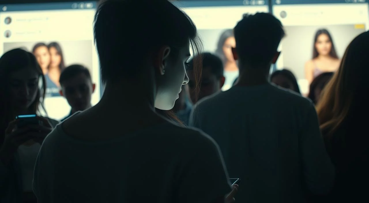 A group of people standing in front of a large, glowing social media interface, their faces half-obscured by their phones. The central figure, a young woman, appears concerned as she compares herself to the idealized images on the screen. Soft, moody lighting casts shadows across the scene, creating a sense of unease. The background is blurred, drawing the viewer's focus to the central narrative. Depth of field and angles emphasizes the sense of isolation and self-consciousness. The overall atmosphere reflects the subject's internal struggle with self-image in the age of social media influence. A group of people standing in front of a large, glowing social media interface, their faces half-obscured by their phones.
