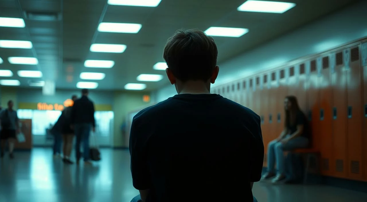 A high school student sits alone, shoulders hunched, lost in a sea of their peers. Harsh fluorescent lights cast an uneasy glow, while the background hums with muffled chatter and the occasional locker slam. The student's face is obscured, conveying a sense of vulnerability and a deep-seated fear of judgment. The composition emphasizes the figure's isolation, with empty space surrounding them, hinting at the overwhelming social pressure they feel. Warm, muted tones suggest a melancholic atmosphere, capturing the emotional weight of "fear of what others think" during this delicate adolescent phase. A high school student sits alone, shoulders hunched, lost in a sea of their peers.