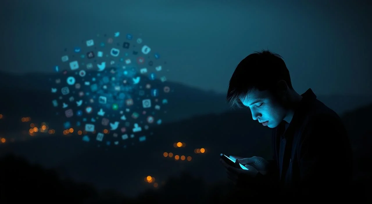 A panoramic scene depicting the impact of social media on mental health. In the foreground, a person hunched over a smartphone, their face illuminated by the screen's blue glow, reflecting a sense of distress and anxiety. In the middle ground, a swirling mass of social media icons, likes, and comments, symbolizing the relentless pressure of online judgment and scrutiny. The background is a hazy, dimly lit landscape, conveying a sense of isolation and emotional turmoil. The lighting is moody and atmospheric, with deep shadows and highlights, creating a brooding, introspective mood. The lens is wide-angle, capturing the expansive scale of the scene and the overwhelming nature of the subject matter. A panoramic scene depicting the impact of social media on mental health.