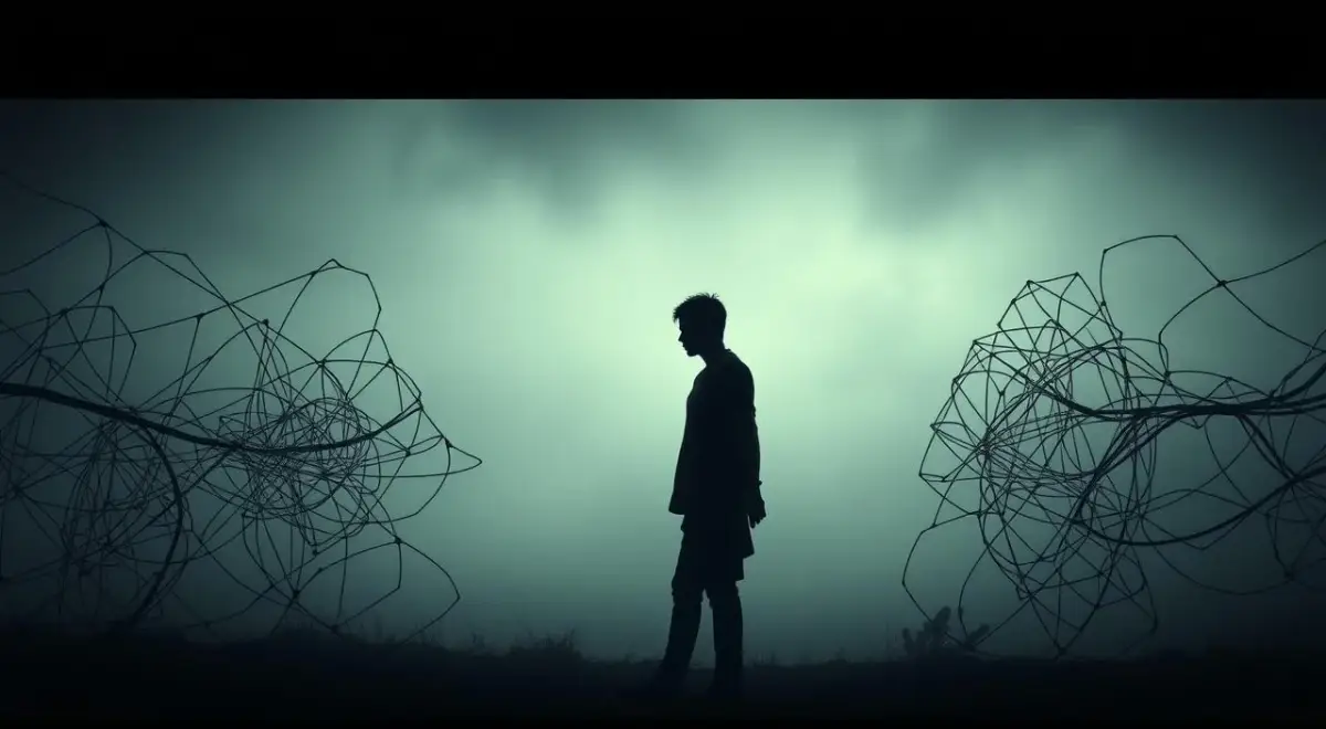 A pensive figure stands in the center, its face obscured by shadows, conveying a sense of isolation and trepidation. In the foreground, a web of tangled lines and shapes symbolizes the complexities of interpersonal relationships, while the background features a muted, dreamlike landscape, suggesting the introspective nature of the scene. Soft, diffuse lighting creates a melancholic atmosphere, highlighting the figure's introspective pose and the delicate balance between connection and disconnection. The overall composition evokes the themes of fear, vulnerability, and the struggle to navigate the nuances of interpersonal obligations. A pensive figure stands in the center, their face obscured by shadows, conveying a sense of isolation and trepidation.