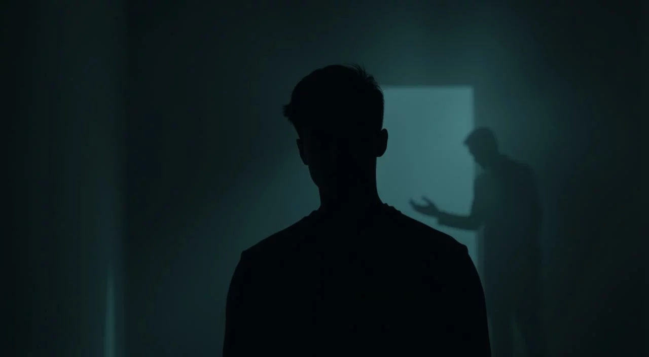 A pensive individual stands in a dimly lit room, their face partially obscured by shadows. The atmosphere is somber, with a muted color palette and soft, diffused lighting casting a melancholic mood. In the middle ground, a shadowy figure appears to be judging or scrutinizing the person, their presence looming and imposing. The background is blurred, conveying a sense of isolation and introspection. The overall composition suggests the heavy emotional burden and psychological toll of the fear of judgment, with the subject trapped in a state of unease and self-consciousness. A pensive individual stands in a dimly lit room, their face partially obscured by shadows.