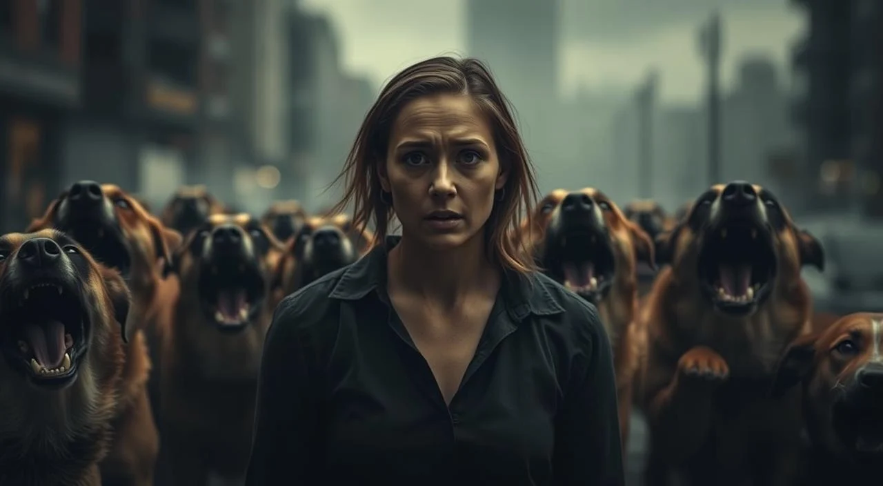 A person apprehensively standing in front of a pack of barking, snarling dogs, their facial expression reflecting a deep sense of fear and anxiety. The scene is bathed in somber, moody lighting, creating an ominous, unsettling atmosphere. The dogs are in the foreground, their teeth bared and eyes wild, while the person is in the middle ground, appearing small and vulnerable. In the background, a blurred, gloomy urban landscape adds to the tense, unsettling mood. The image conveys the overwhelming, debilitating impacts of the fear of dogs on an individual's daily life and wellbeing. A person apprehensively standing in front of a pack of barking, snarling dogs, their facial expression reflecting a...