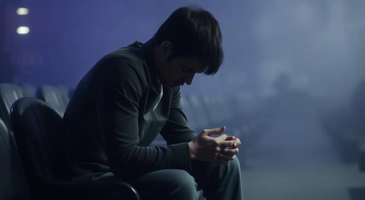 A person sitting alone, shoulders hunched, head down, eyes cast away, hands fidgeting nervously. The figure is surrounded by a hazy, subdued environment, with muted colors and soft lighting, conveying a sense of social discomfort and unease. The scene is captured in a slightly tilted, close-up angle, highlighting the individual's vulnerable and self-conscious state. The overall atmosphere is one of social anxiety, where the subject feels overwhelmed by the perceived judgment of others, struggling to engage confidently in social situations. A person sitting alone, shoulders hunched, head down, eyes cast away, hands fidgeting nervously.