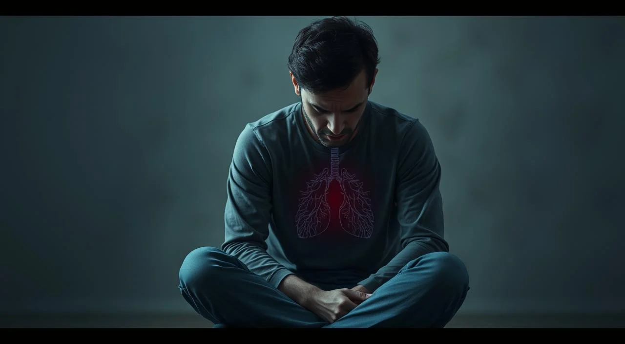 A person sitting cross-legged, deep in thought, their face etched with the strain of anxiety. Soft, muted lighting casts a pensive glow, emphasizing the tightness in their shoulders and the shallow, rapid breaths. The background is hazy, blurred, to keep the focus on the individual's inner struggle with anxiety and its impact on their respiratory patterns. The scene conveys a sense of stillness and introspection, inviting the viewer to empathize with the subject's experience. A person sitting cross-legged, deep in thought, their face etched with the strain of anxiety.