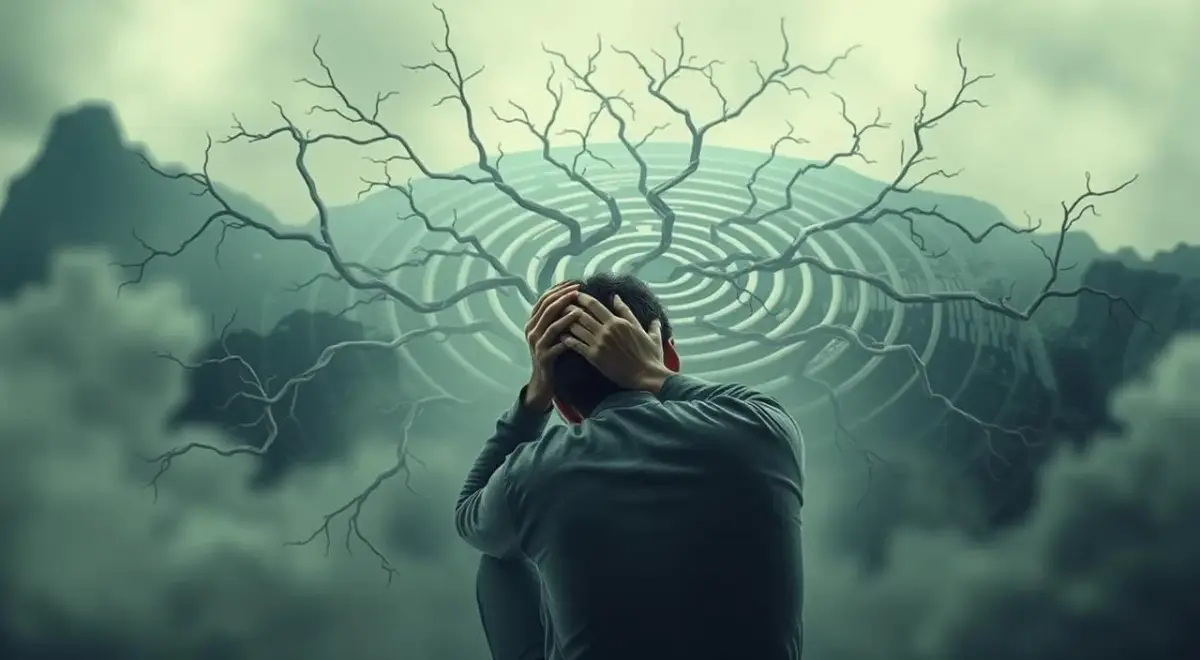 A person trapped in a maze of anxious thoughts, their mind consumed by a swirling vortex of worry and self-doubt. The foreground depicts a figure curled up, hands clutching their head, as if trying to escape the overwhelming mental anguish. The middle ground shows the maze-like structure of the mind, with branching pathways representing the intricate web of anxious thought patterns. The background is a hazy, ethereal landscape, suggesting the detachment from reality that can occur during periods of intense mental distress. The lighting is soft and muted, creating a somber, introspective atmosphere. The overall composition conveys the deep impact of anxiety on mental well-being, the sense of being trapped within one's own mind. A person trapped in a maze of anxious thoughts, their mind consumed by a swirling vortex of worry and self-doubt.