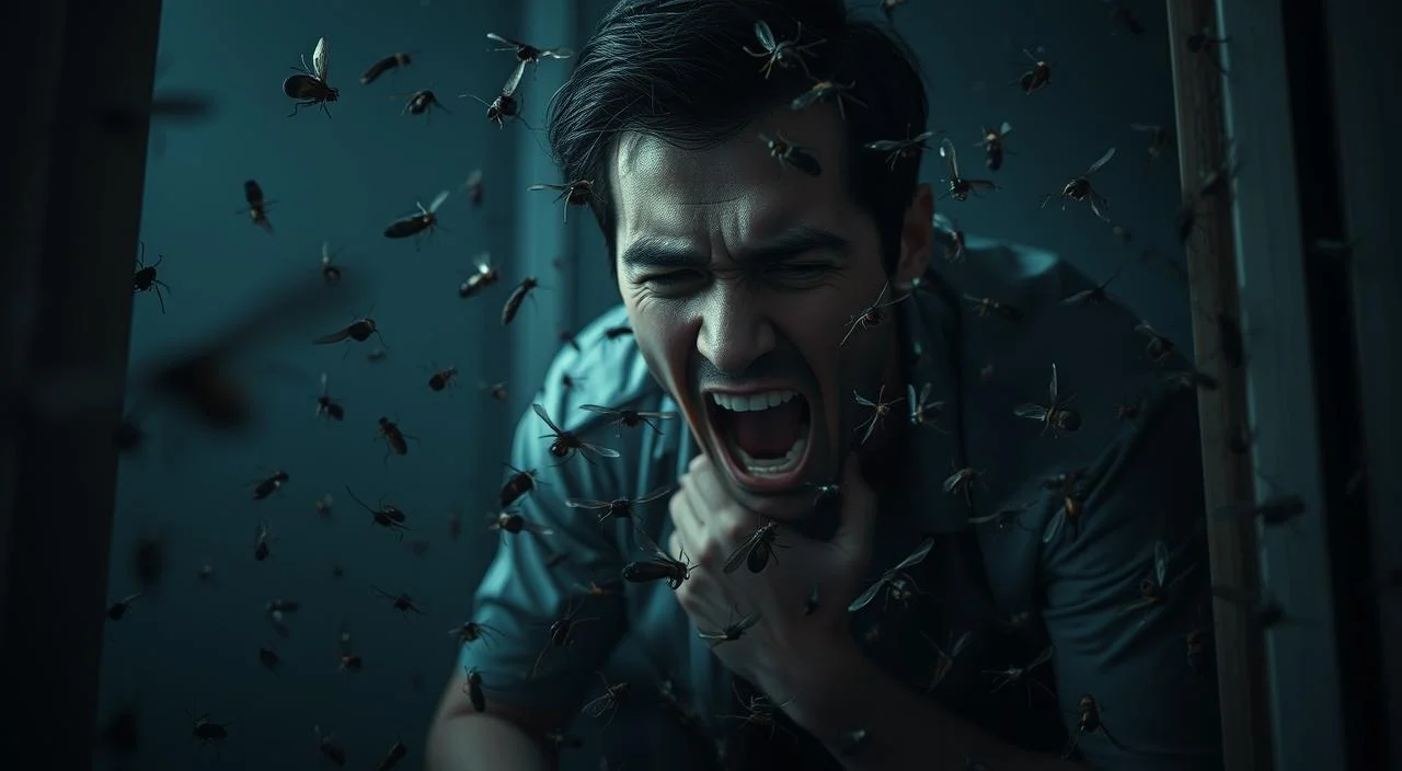 A person trembling in fear, cowering in the corner of a dimly lit room, as a swarm of insects crawl and buzz menacingly...