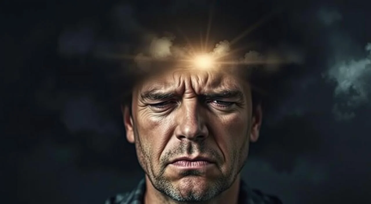 A person's head enveloped in a dark, oppressive cloud, conveying the psychological impact of a severe headache. Piercing rays of light strain to break through, symbolizing the struggle against the debilitating pain. Wrinkled brows and a paneled expression capture the distress and discomfort. The figure is rendered in a moody, atmospheric style with dramatic shadows and muted tones, evoking a sense of tension and unease. The scene is shot from a slightly low angle, highlighting the sense of burden and discomfort experienced by the subject. A person's head enveloped in a dark, oppressive cloud, conveying the psychological impact of a severe headache.