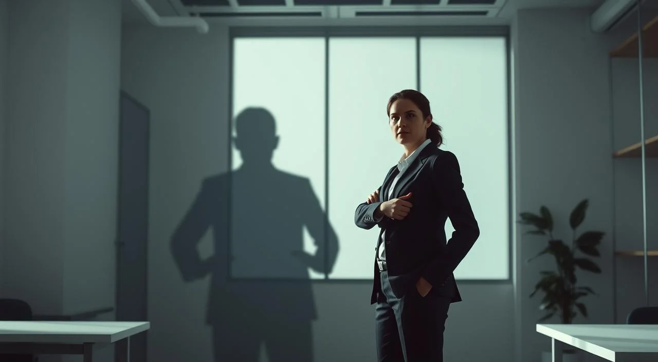 A professional person standing confidently in a modern office, facing a looming shadow or figure representing their fear of judgment. The lighting is dramatic, with strong contrasts and shadows to convey a sense of tension and overcoming adversity. The person's expression is resolute, their posture upright and determined, suggesting they are taking control of their fear and facing it head-on. The background is a minimalist, clean office setting, allowing the focus to remain on the central figure and the emotional conflict they are overcoming. A professional person standing confidently in a modern office, facing a looming shadow or figure representing their...